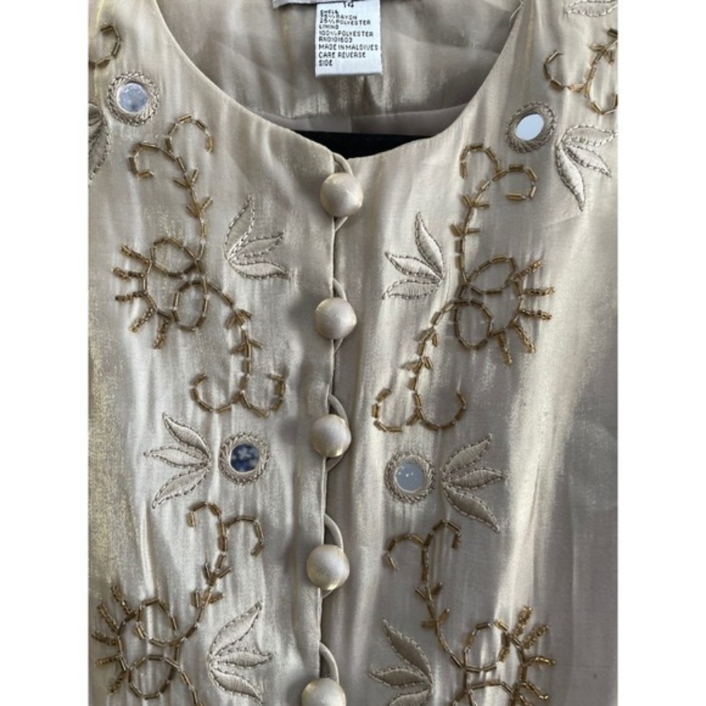 Vtg Justin Taylor Gold Embroidered Mirror Beaded Tunic Jacket Size 14 Champagne - Picture 3 of 9